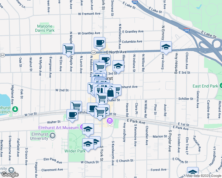 map of restaurants, bars, coffee shops, grocery stores, and more near 183n North York Street Rear in Elmhurst