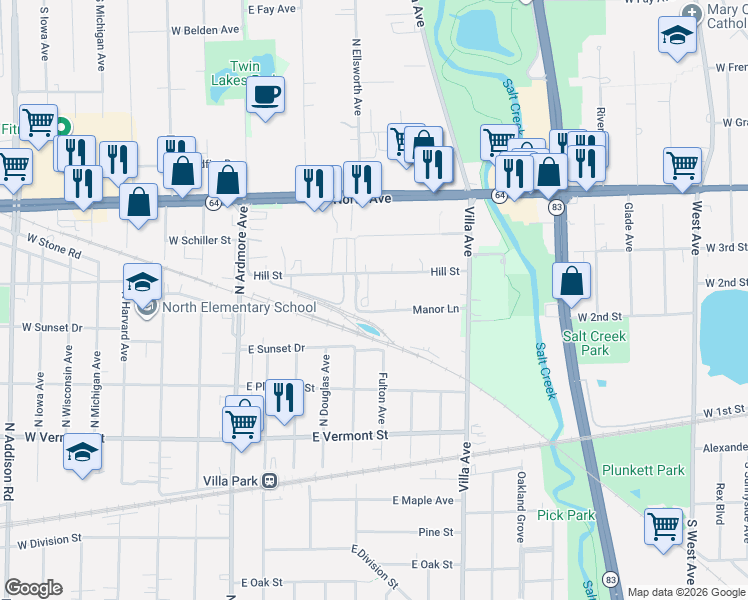 map of restaurants, bars, coffee shops, grocery stores, and more near 201 Hill Street in Villa Park