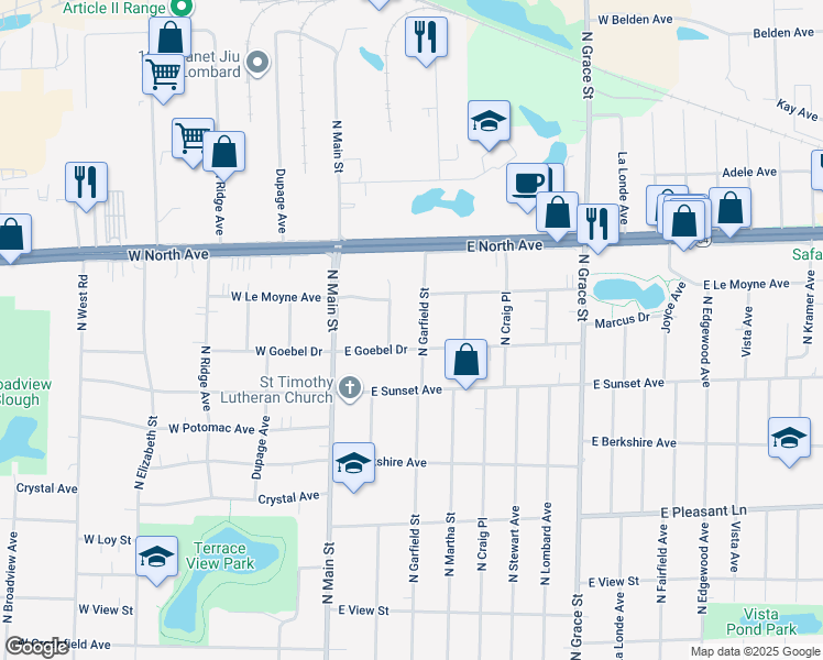 map of restaurants, bars, coffee shops, grocery stores, and more near 653 North Charlotte Street in Lombard