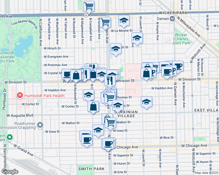 map of restaurants, bars, coffee shops, grocery stores, and more near 1147 North Western Avenue in Chicago