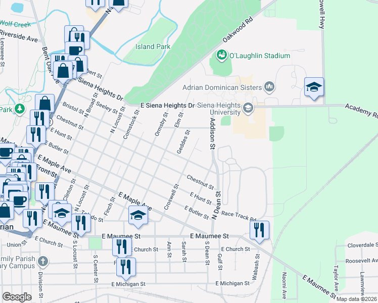 map of restaurants, bars, coffee shops, grocery stores, and more near 829 Croswell Street in Adrian