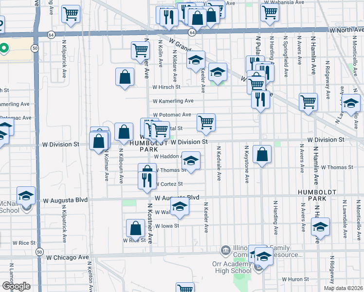 map of restaurants, bars, coffee shops, grocery stores, and more near 4257 West Division Street in Chicago