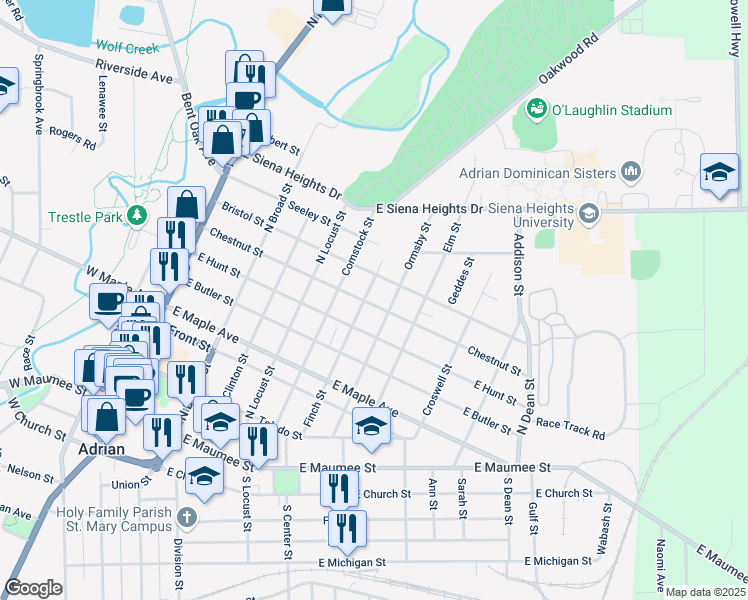 map of restaurants, bars, coffee shops, grocery stores, and more near 607 Chestnut Street in Adrian