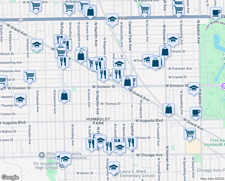 map of restaurants, bars, coffee shops, grocery stores, and more near 3725 West Division Street in Chicago
