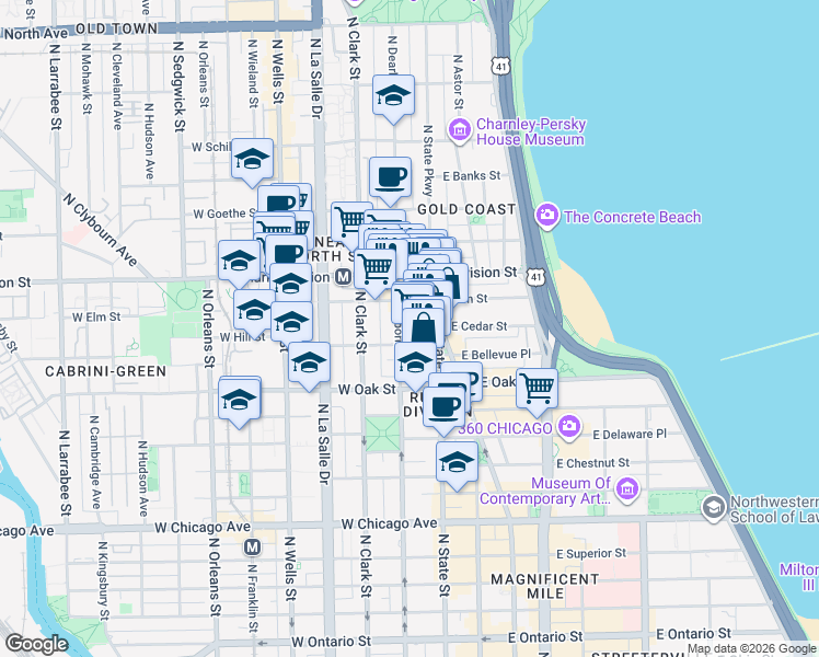 map of restaurants, bars, coffee shops, grocery stores, and more near 1111 North Dearborn Parkway in Chicago