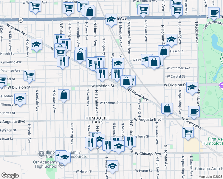 map of restaurants, bars, coffee shops, grocery stores, and more near 1146 North Lawndale Avenue in Chicago