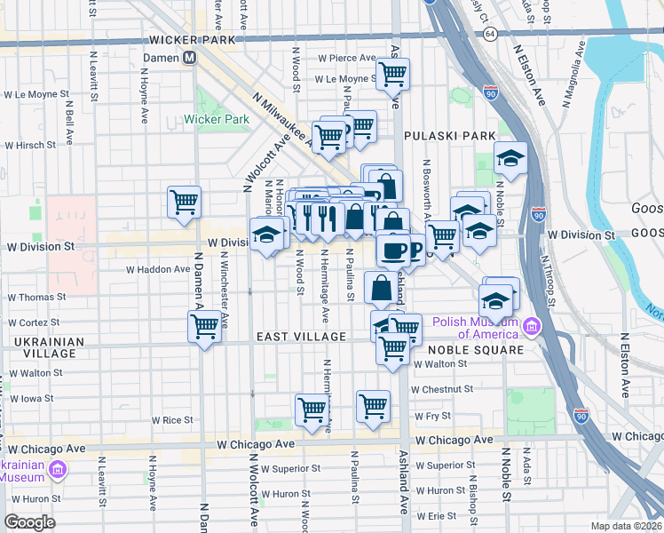 map of restaurants, bars, coffee shops, grocery stores, and more near 1712 West Haddon Avenue in Chicago