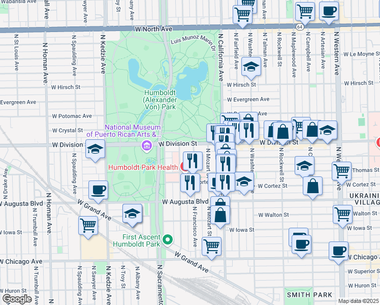map of restaurants, bars, coffee shops, grocery stores, and more near 1150 North Francisco Avenue in Chicago