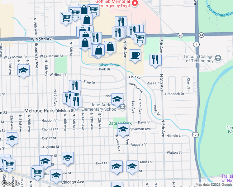 map of restaurants, bars, coffee shops, grocery stores, and more near 908 Winston Drive in Melrose Park