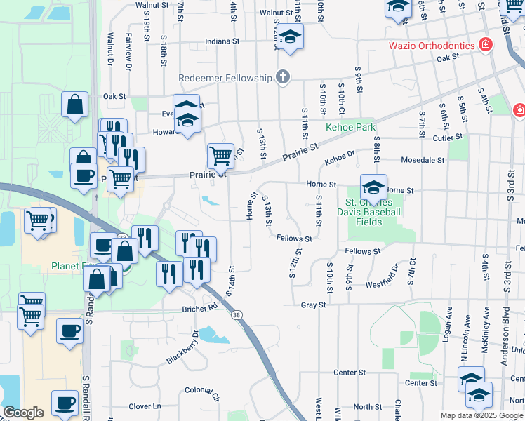 map of restaurants, bars, coffee shops, grocery stores, and more near 1122 South 13th Street in St. Charles