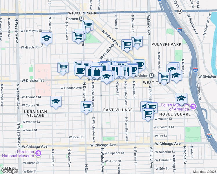 map of restaurants, bars, coffee shops, grocery stores, and more near 1155 North Honore Street in Chicago