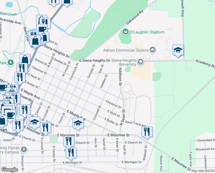 map of restaurants, bars, coffee shops, grocery stores, and more near 821 Croswell Street in Adrian