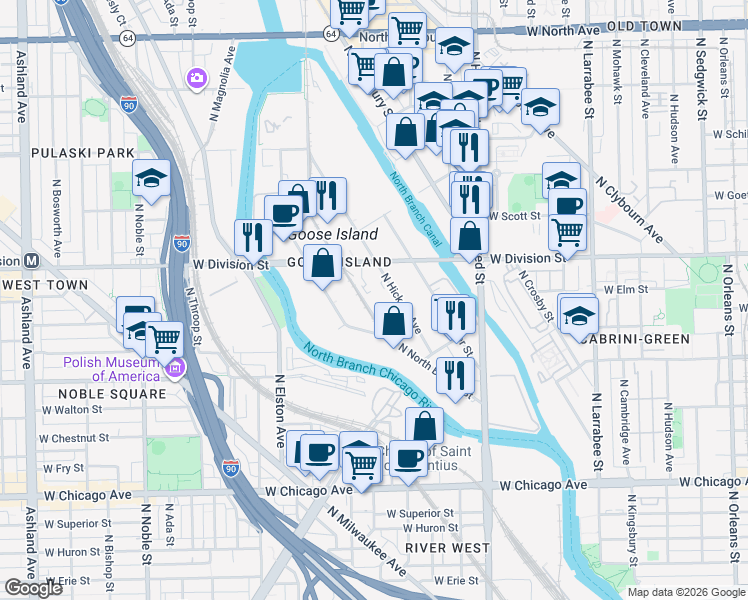 map of restaurants, bars, coffee shops, grocery stores, and more near 1143 North Cherry Avenue in Chicago