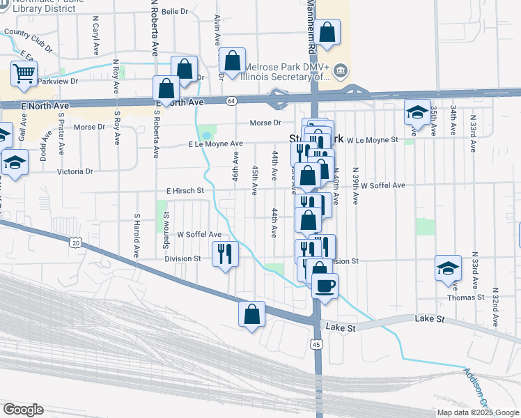 map of restaurants, bars, coffee shops, grocery stores, and more near 304 44th Avenue in Northlake