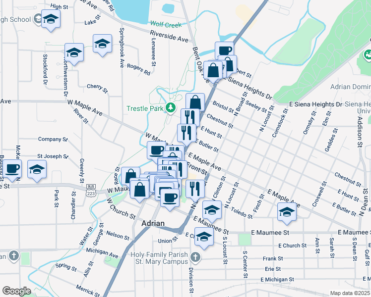 map of restaurants, bars, coffee shops, grocery stores, and more near 425 North Main Street in Adrian