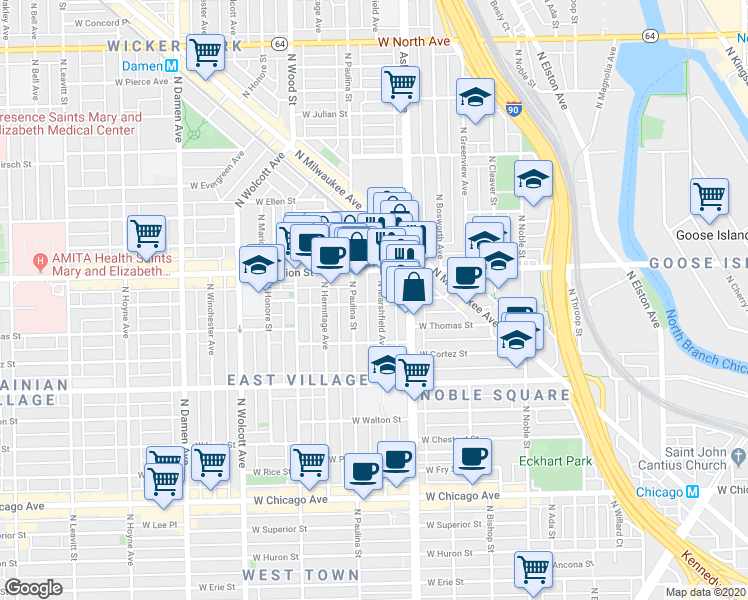 map of restaurants, bars, coffee shops, grocery stores, and more near 1659 West Division Street in Chicago