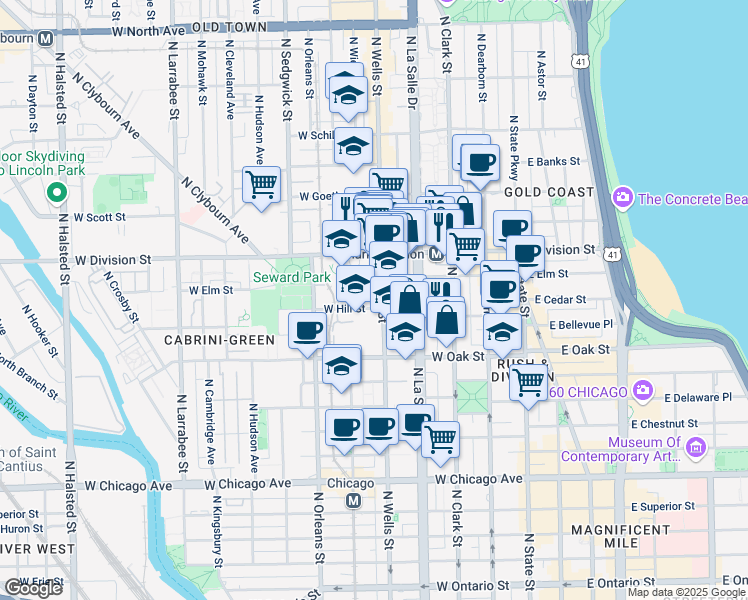 map of restaurants, bars, coffee shops, grocery stores, and more near 202 West Hill Street in Chicago