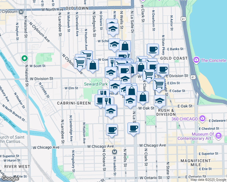 map of restaurants, bars, coffee shops, grocery stores, and more near 228 West Hill Street in Chicago