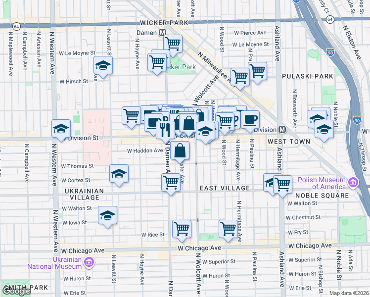 map of restaurants, bars, coffee shops, grocery stores, and more near 1138 North Wolcott Avenue in Chicago