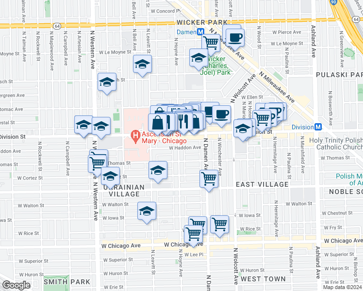 map of restaurants, bars, coffee shops, grocery stores, and more near 1137 North Hoyne Avenue in Chicago