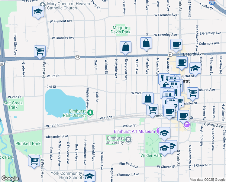 map of restaurants, bars, coffee shops, grocery stores, and more near 172 North Myrtle Avenue in Elmhurst