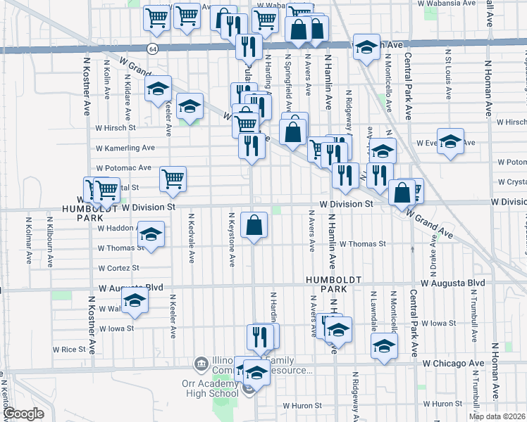 map of restaurants, bars, coffee shops, grocery stores, and more near 1152 North Harding Avenue in Chicago