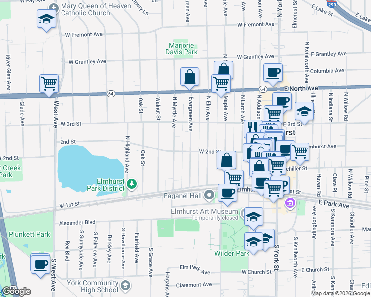 map of restaurants, bars, coffee shops, grocery stores, and more near 170 Evergreen Avenue in Elmhurst