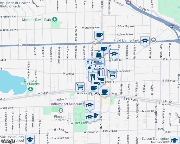 map of restaurants, bars, coffee shops, grocery stores, and more near 168 North Addison Avenue in Elmhurst