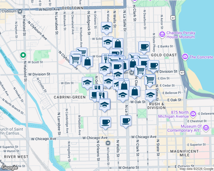 map of restaurants, bars, coffee shops, grocery stores, and more near 228 West Hill Street in Chicago