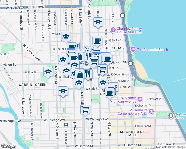 map of restaurants, bars, coffee shops, grocery stores, and more near in Chicago