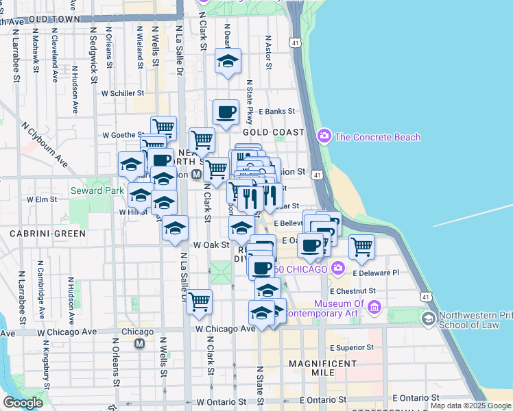 map of restaurants, bars, coffee shops, grocery stores, and more near 1114 North State Street in Chicago