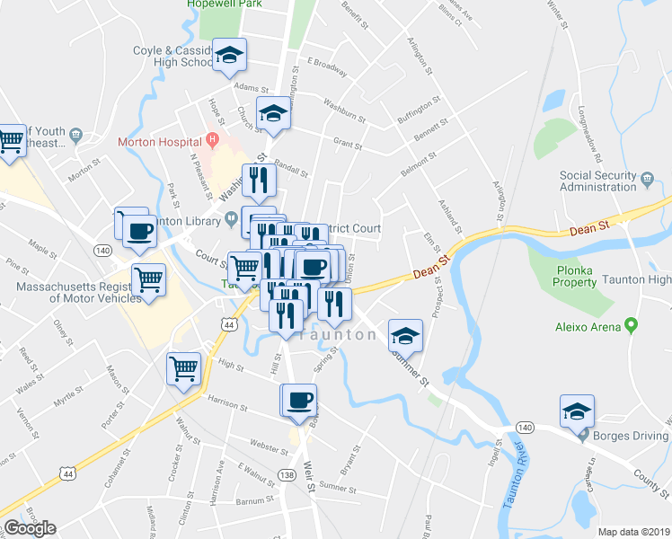 map of restaurants, bars, coffee shops, grocery stores, and more near 18 Union Street in Taunton