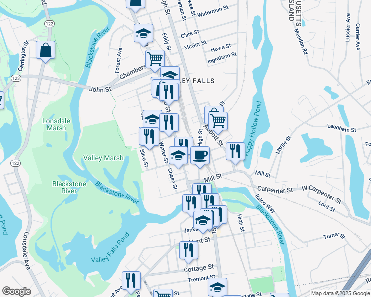 map of restaurants, bars, coffee shops, grocery stores, and more near 8 Bells Court in Cumberland