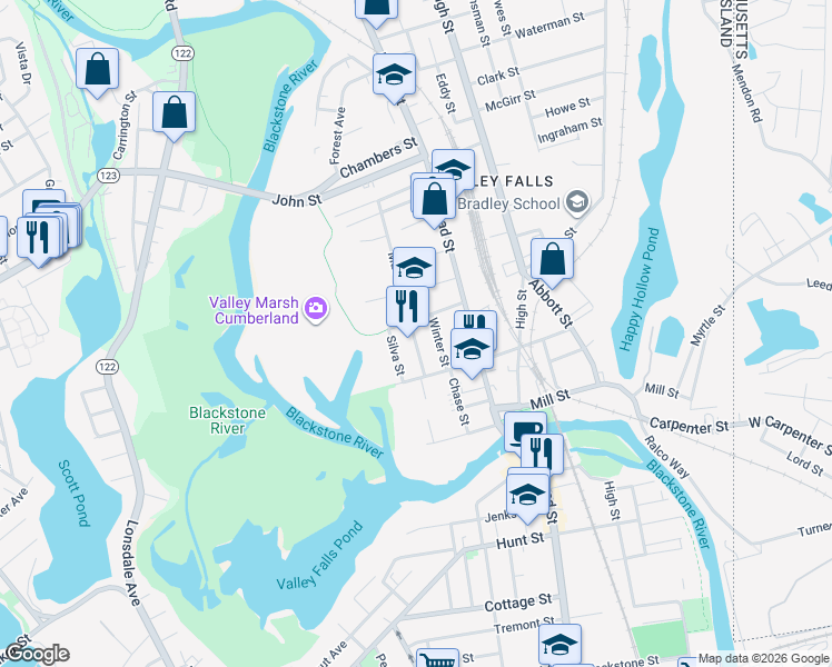 map of restaurants, bars, coffee shops, grocery stores, and more near 46 Macondray Street in Cumberland