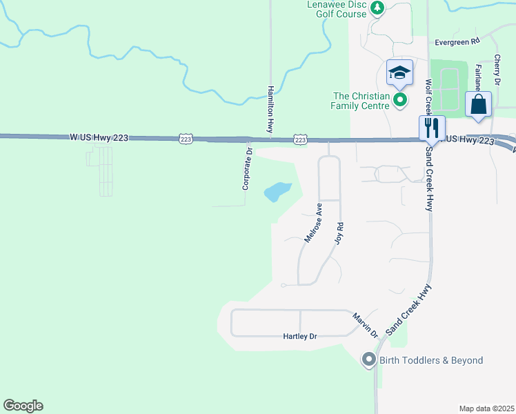 map of restaurants, bars, coffee shops, grocery stores, and more near 1252 Melrose Avenue in Adrian