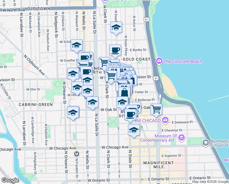 map of restaurants, bars, coffee shops, grocery stores, and more near in Chicago