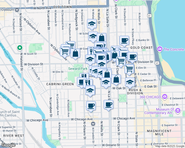 map of restaurants, bars, coffee shops, grocery stores, and more near 321 West Hill Street in Chicago
