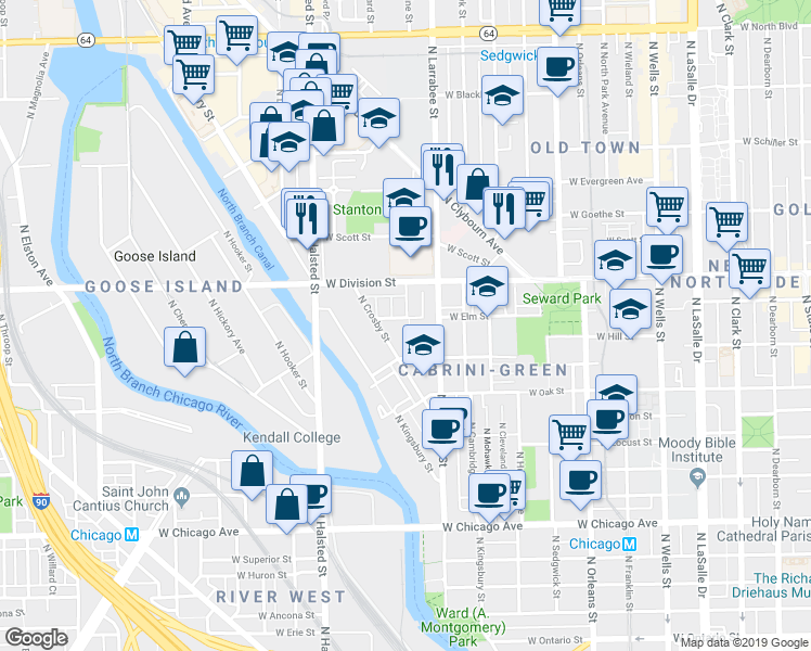 map of restaurants, bars, coffee shops, grocery stores, and more near 645 West Elm Street in Chicago