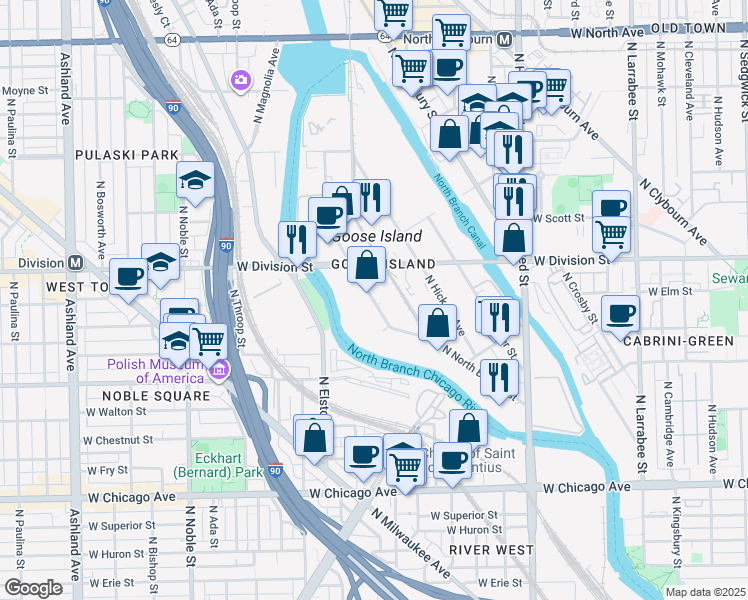 map of restaurants, bars, coffee shops, grocery stores, and more near 1135 North North Branch Street in Chicago
