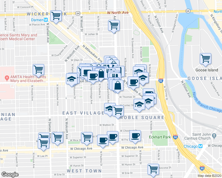 map of restaurants, bars, coffee shops, grocery stores, and more near 1104 North Marshfield Avenue in Chicago