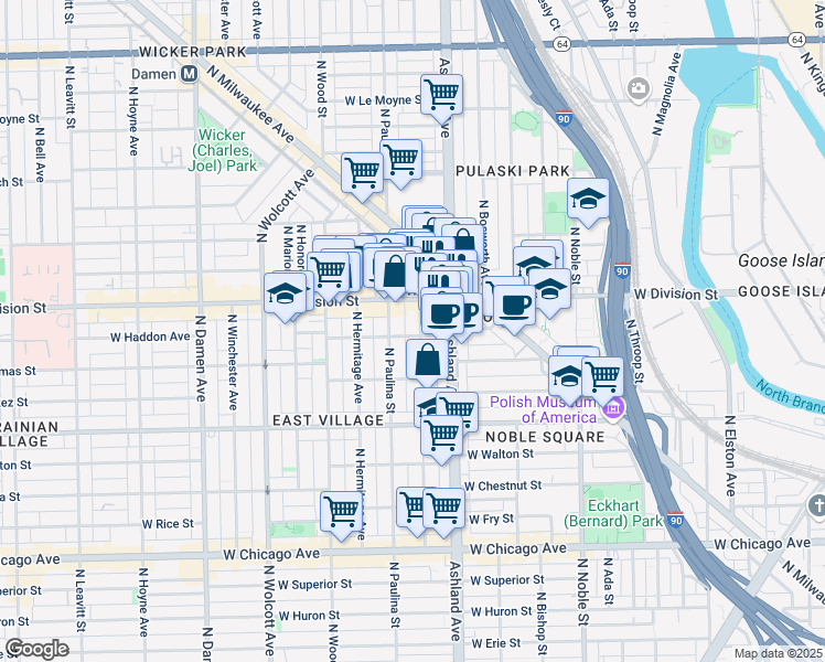 map of restaurants, bars, coffee shops, grocery stores, and more near 1659 West Division Street in Chicago