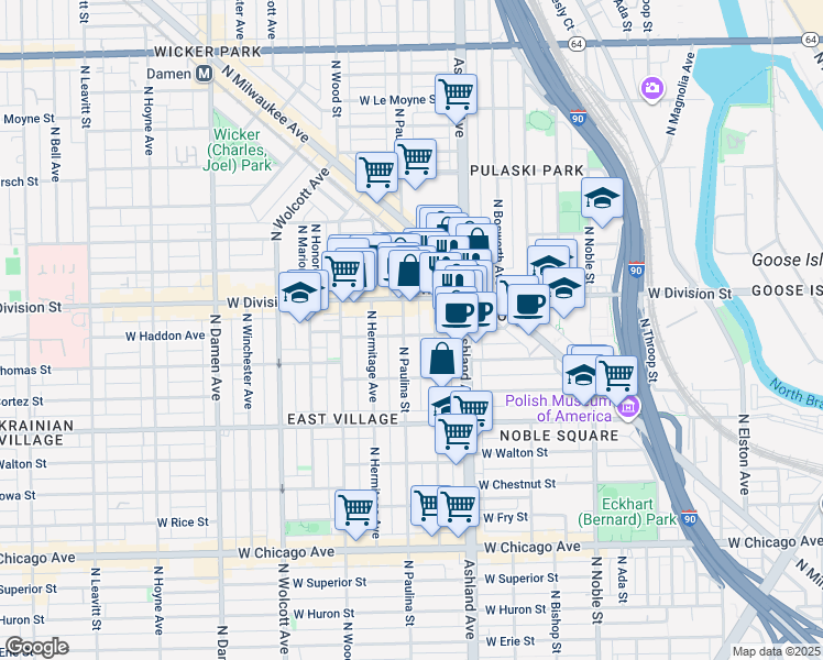 map of restaurants, bars, coffee shops, grocery stores, and more near 1104 North Marshfield Avenue in Chicago