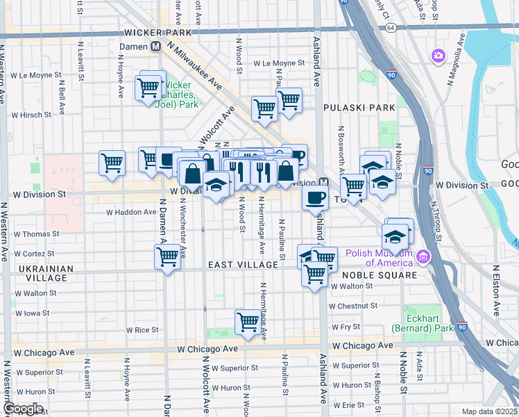 map of restaurants, bars, coffee shops, grocery stores, and more near 1133 North Wood Street in Chicago
