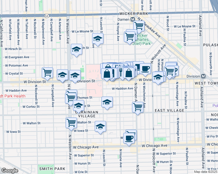 map of restaurants, bars, coffee shops, grocery stores, and more near 2132 West Haddon Avenue in Chicago