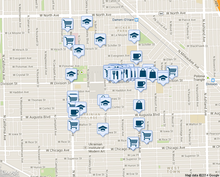map of restaurants, bars, coffee shops, grocery stores, and more near 2132 West Haddon Avenue in Chicago