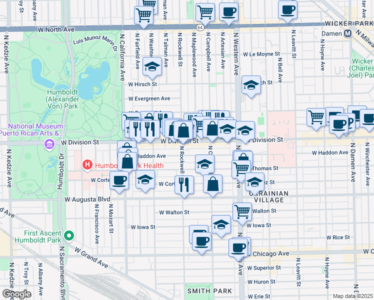 map of restaurants, bars, coffee shops, grocery stores, and more near in Chicago