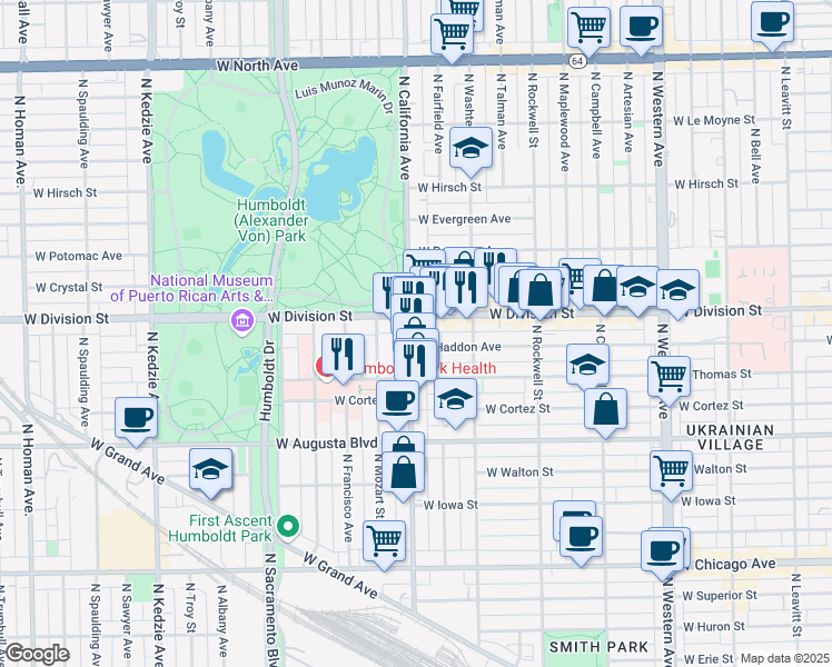 map of restaurants, bars, coffee shops, grocery stores, and more near 2743 West Division Street in Chicago