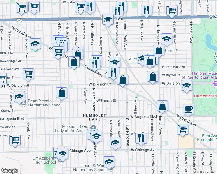 map of restaurants, bars, coffee shops, grocery stores, and more near in Chicago