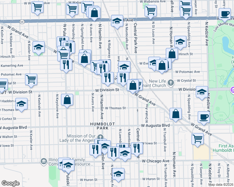 map of restaurants, bars, coffee shops, grocery stores, and more near 3725 West Division Street in Chicago