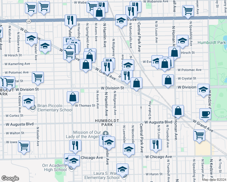 map of restaurants, bars, coffee shops, grocery stores, and more near 3725 West Division Street in Chicago